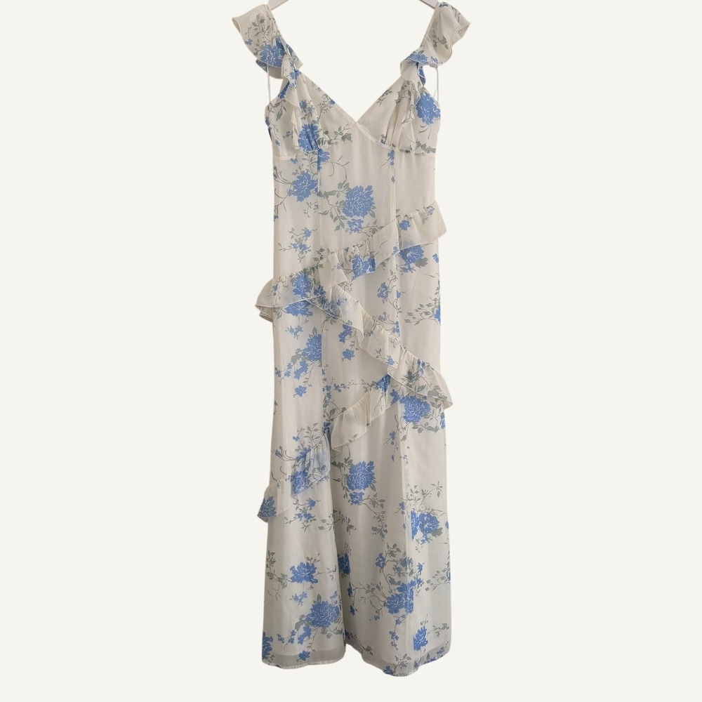 BP‎ Blue Floral Ruffle Maxi Dress Womens Small Chiffon Sleeveless Soft Fairy